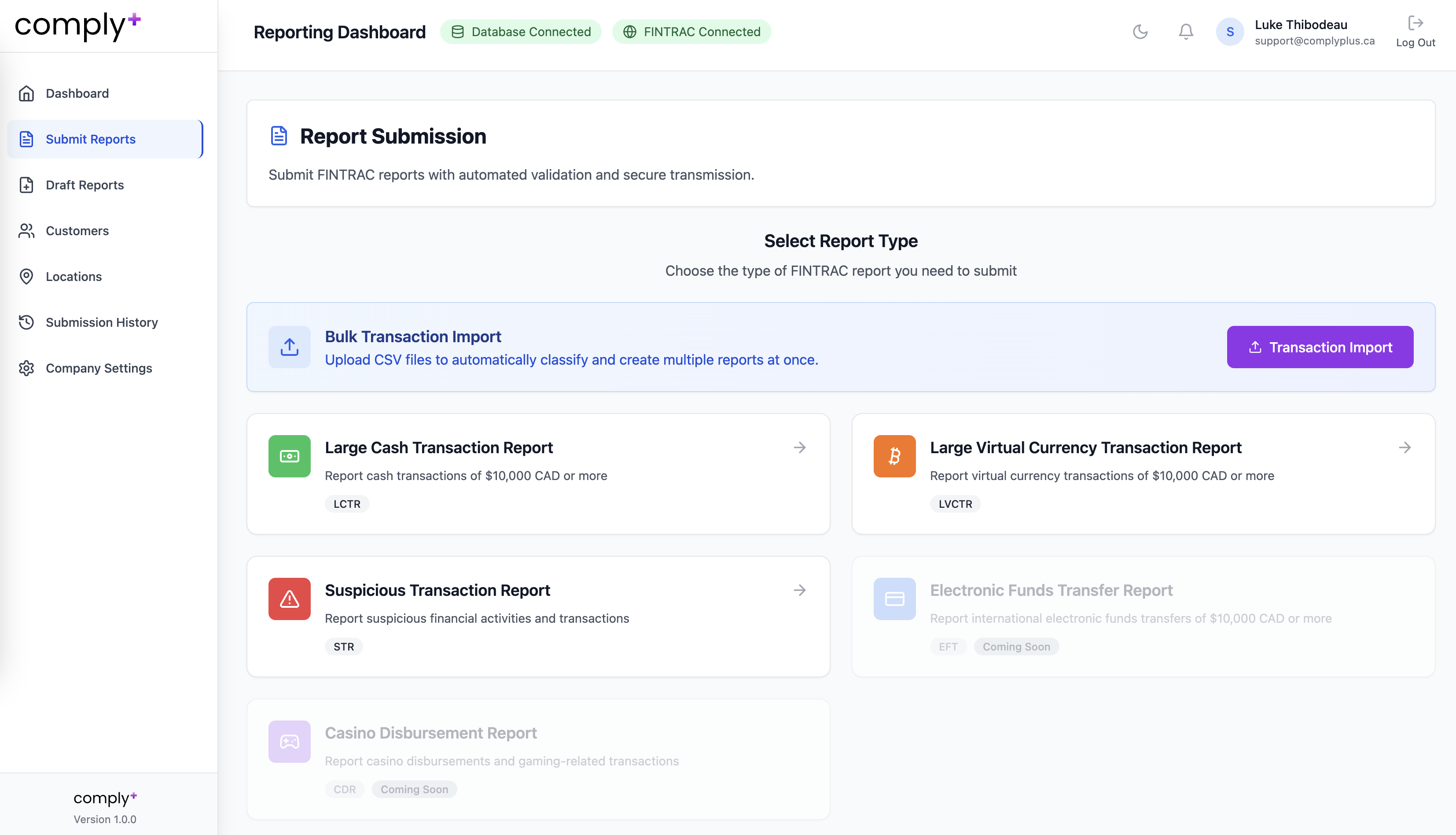 Report tiles for LCTR, LVCTR, STR, and EFTR (coming soon).